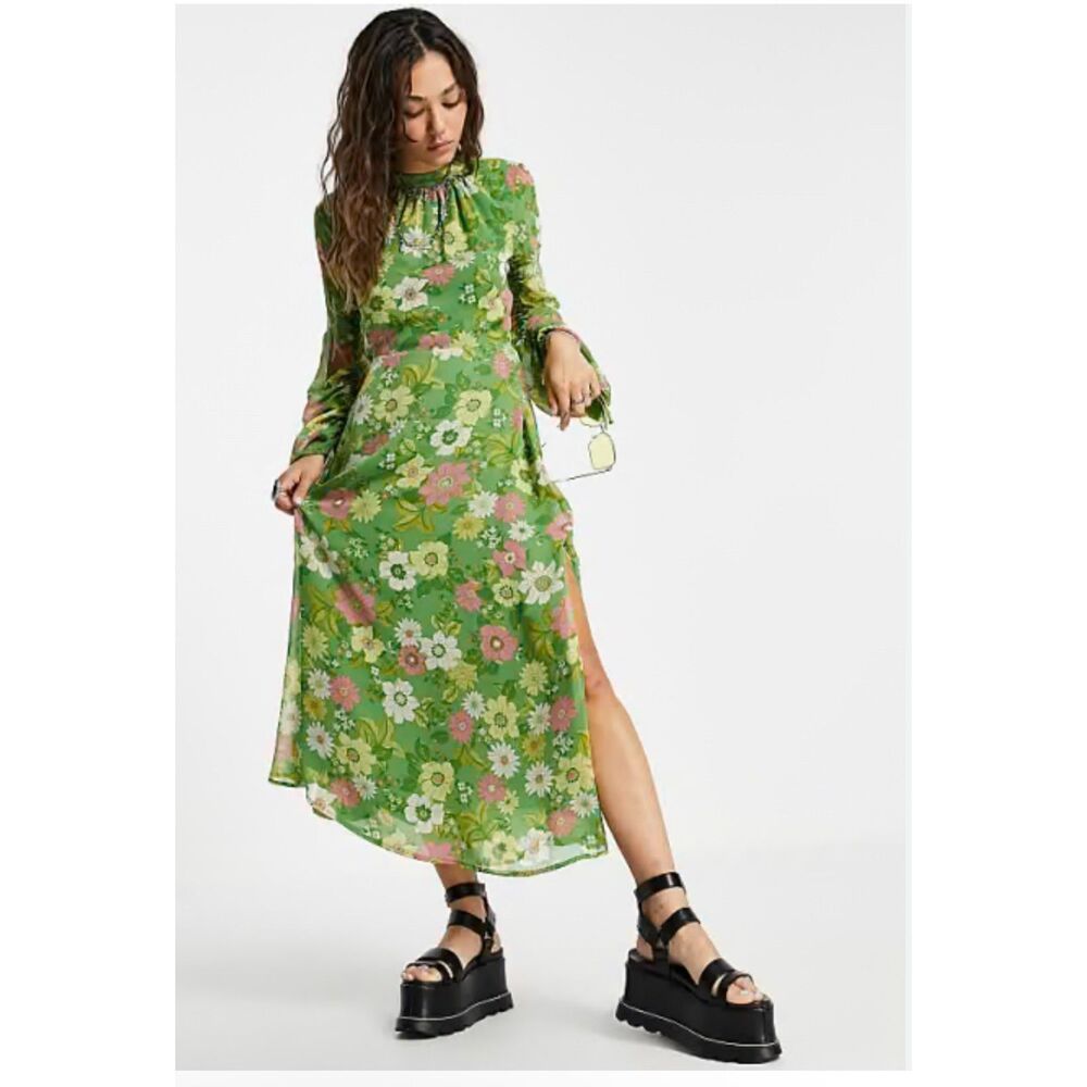 TOPSHOP 70'S RETRO FLORAL PRINT CHIFFON MIDI DRESS OPEN BACK LONG SLEEVE SIZE 4